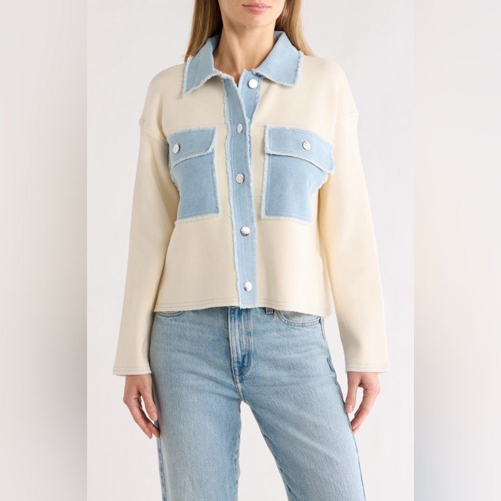 Nanette Lepore Colorblock Cropped Button-Up Top Ivory Blue XL Long Sleeve